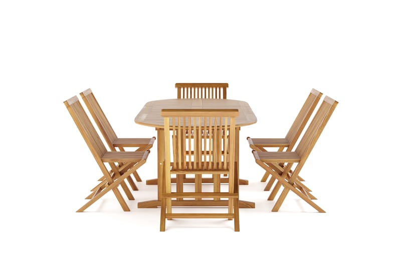 Menorca Stor Matgrupp Utomhus - Förlängningsbart ovalt utebord med 6 Matstolar i trä - Teak / Natur - Utemöbler - Utegrupp - Matgrupp utomhus