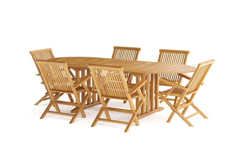 Menorca Stor Matgrupp Utomhus- Ovalt förlängningsbart utebord med 6 Karmstolar i trä - Teak / Natur - Utemöbler - Utegrupp - Matgrupp utomhus