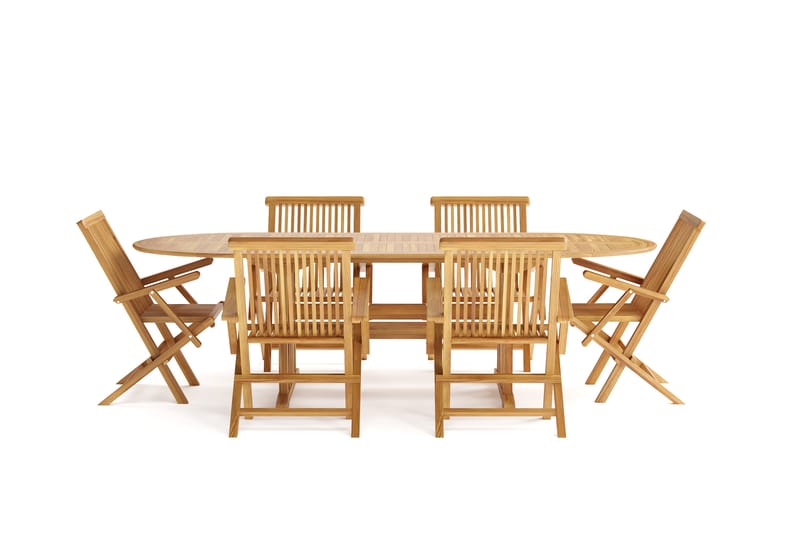Menorca Stor Matgrupp Utomhus- Ovalt förlängningsbart utebord med 6 Karmstolar i trä - Teak / Natur - Utemöbler - Utegrupp - Matgrupp utomhus
