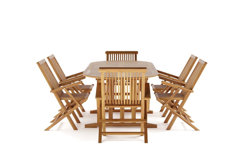 Menorca Stor Matgrupp Utomhus- Ovalt förlängningsbart utebord med 6 Karmstolar i trä - Teak / Natur - Utemöbler - Utegrupp - Matgrupp utomhus