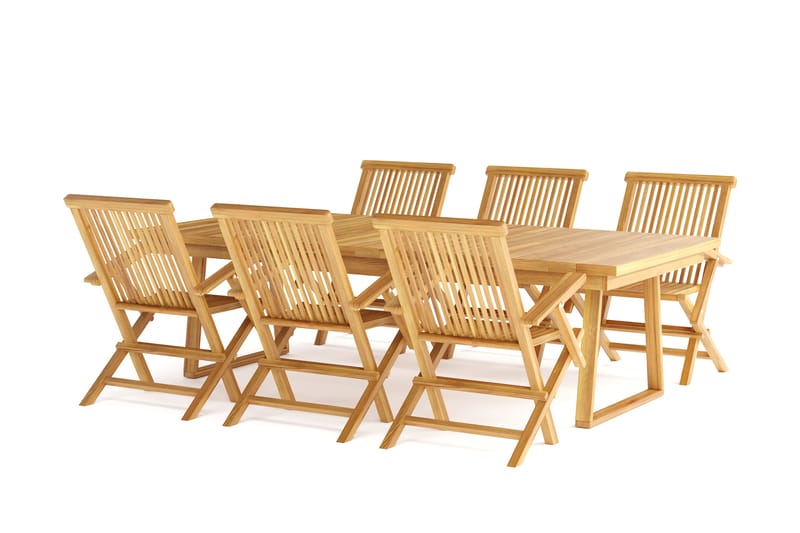 Menorca Stor Matgrupp Utomhus - Rektangulärt utebord med 6 Karmstolar i trä - Teak / Natur - Utemöbler - Utegrupp - Matgrupp utomhus
