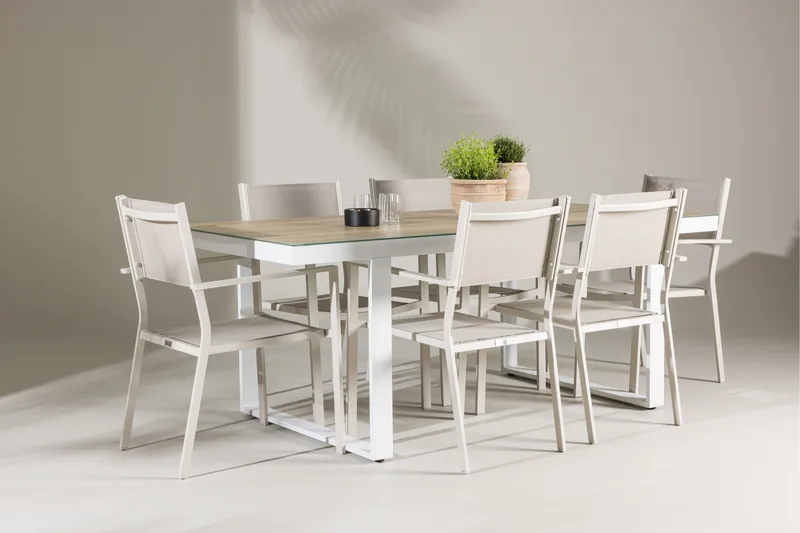 Merlo Matgrupp Utomhus 200 cm + 6 st Copacabana Matstolar Beige/Vit - Utemöbler - Utegrupp - Matgrupp utomhus