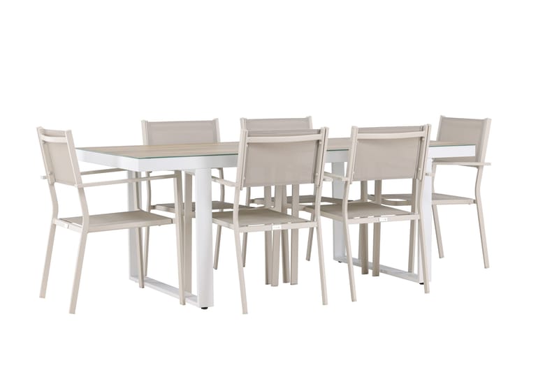 Merlo Matgrupp Utomhus 200 cm + 6 st Copacabana Matstolar Beige/Vit - Utemöbler - Utegrupp - Matgrupp utomhus