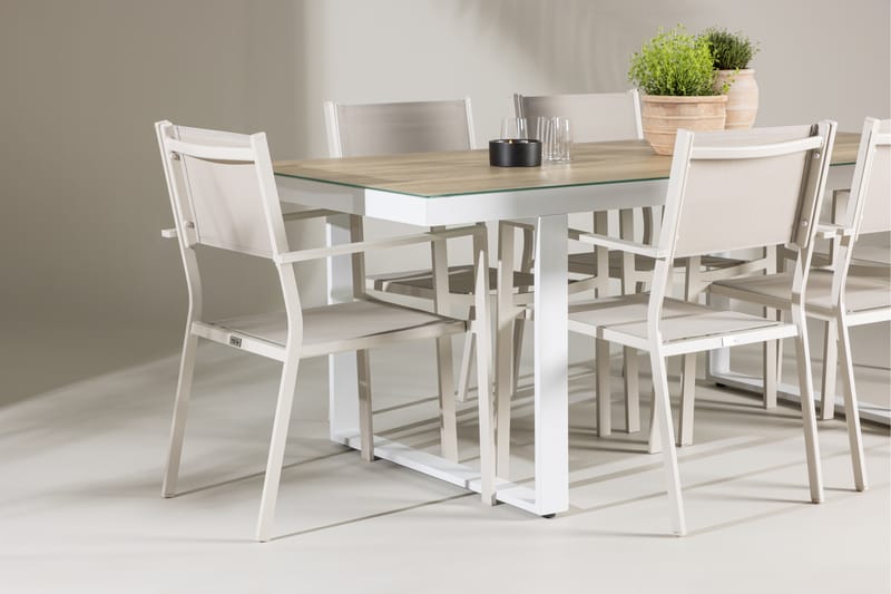 Merlo Matgrupp Utomhus 200 cm + 6 st Copacabana Matstolar Beige/Vit - Utemöbler - Utegrupp - Matgrupp utomhus