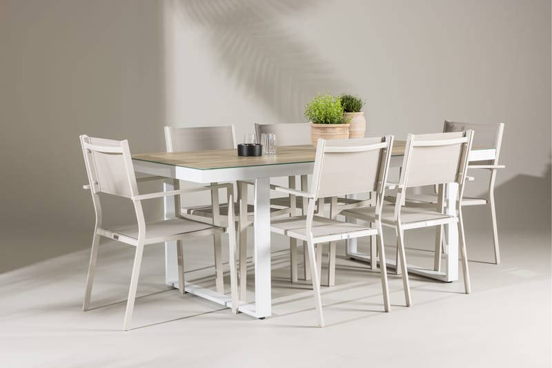 Merlo Matgrupp Utomhus 200 cm + 6 st Copacabana Matstolar Beige/Vit - Utemöbler - Utegrupp - Matgrupp utomhus