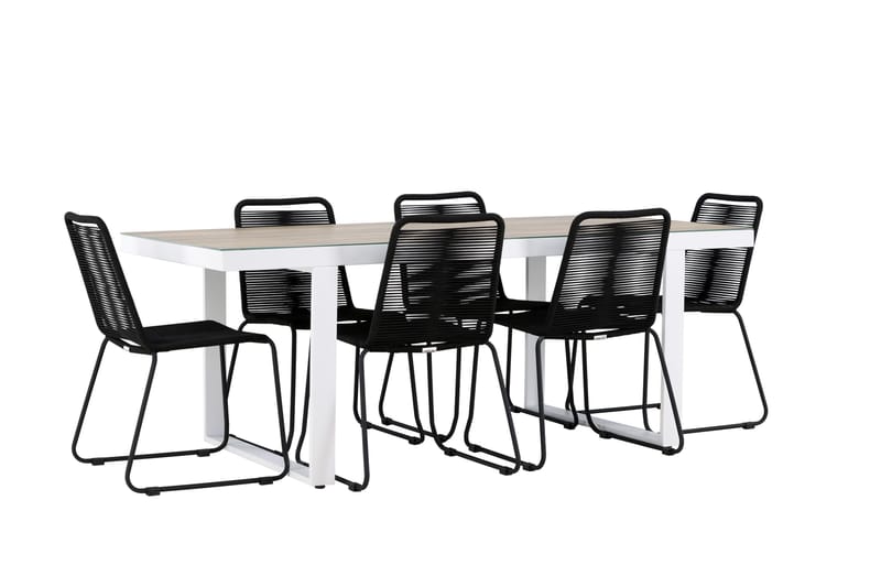 Merlo Matgrupp Utomhus 200 cm + 6 st Linero Matstolar Svart/Vit - Utemöbler - Utegrupp - Matgrupp utomhus