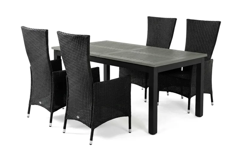 Monaco förlängningsbar matgrupp utomhus inkl. iläggskiva 150-250 cm med 4 Jenny ställbar matstol, Svart/Grå