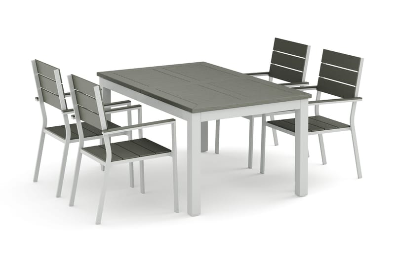Monaco utomhus matgrupp förlängningsbart 150-250x90 med 4 Tunis stapelstolar - Vit/Grå - Utemöbler - Utegrupp - Matgrupp utomhus