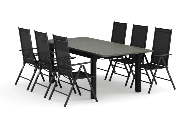 Monaco utomhus matgrupp förlängningsbart 150-250x90 med 6 Maggie positionsstolar, Svart/Grå
