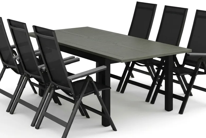 Monaco utomhus matgrupp förlängningsbart 150-250x90 med 6 Monaco Light positionsstolar - Svart/Grå - Utemöbler - Utegrupp - Matgrupp utomhus
