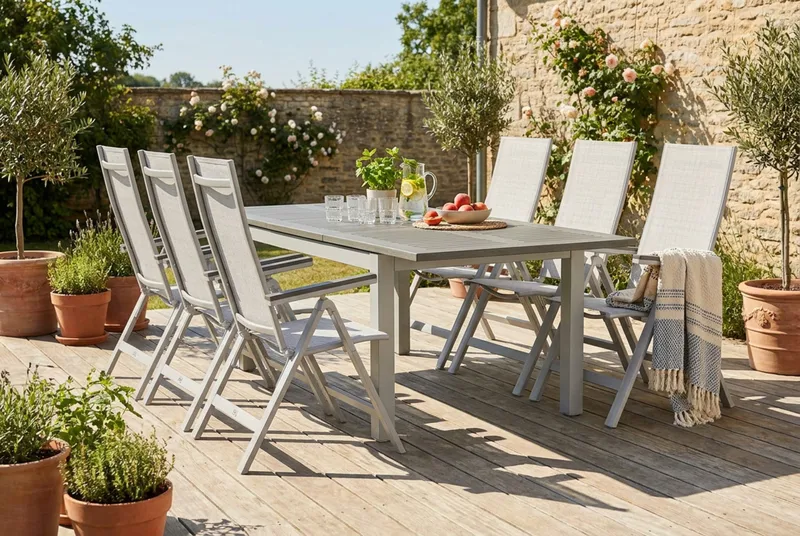 Monaco utomhus matgrupp förlängningsbart 150-250x90 med 6 Monaco Light positionsstolar - Vit/Grå - Utemöbler - Utegrupp - Matgrupp utomhus