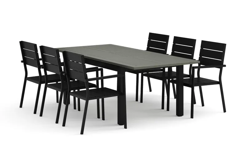 Monaco utomhus matgrupp förlängningsbart 150-250x90 med 6 Tunis stapelstolar, Svart/Grå