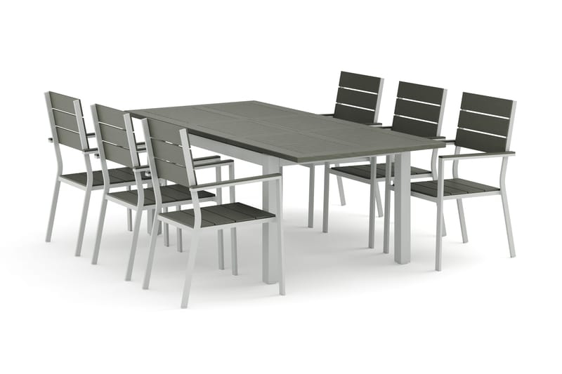 Monaco utomhus matgrupp förlängningsbart 150-250x90 med 6 Tunis stapelstolar - Vit/Grå - Utemöbler - Utegrupp - Matgrupp utomhus