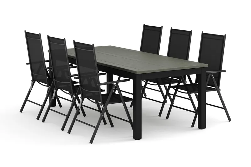 Monaco utomhus matgrupp förlängningsbart 210/310x90 med 6 Maggie positionsstolar, Svart/Grå