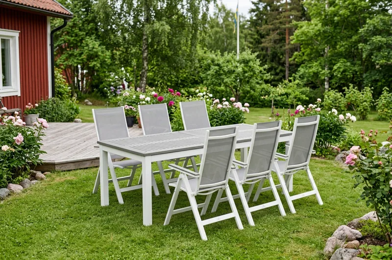 Monaco utomhus matgrupp förlängningsbart 210/310x90 med 6 Monaco Light positionsstolar - Vit/Grå - Utemöbler - Utegrupp - Matgrupp utomhus