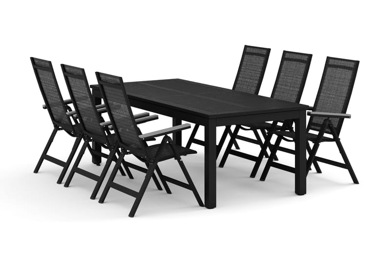 Monaco utomhus matgrupp förlängningsbart 210/310x90 med 6 Monaco Light positionsstolar, Svart/Grå