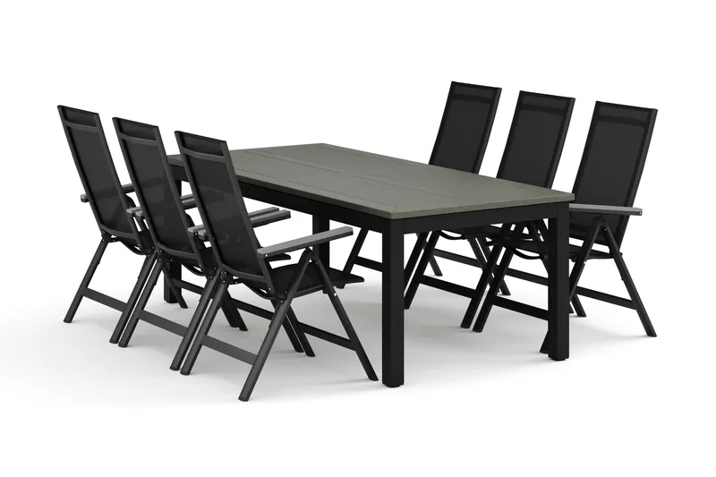 Monaco utomhus matgrupp förlängningsbart 210/310x90 med 6 Monaco Light positionsstolar, Svart/Grå