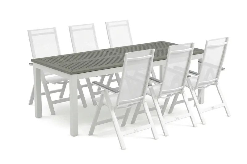 Monaco utomhus matgrupp förlängningsbart 210/310x90 med 6 Monaco Light positionsstolar, Vit/Grå