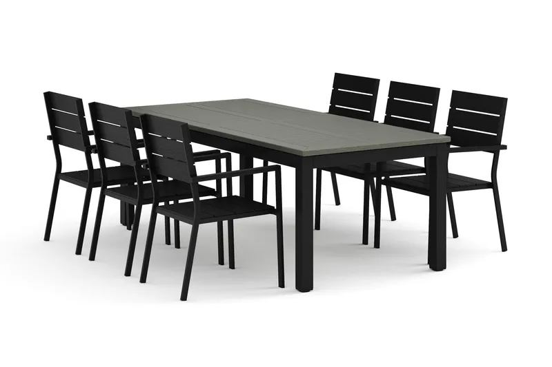 Monaco utomhus matgrupp förlängningsbart 210/310x90 med 6 Tunis stapelstolar, Svart/Grå