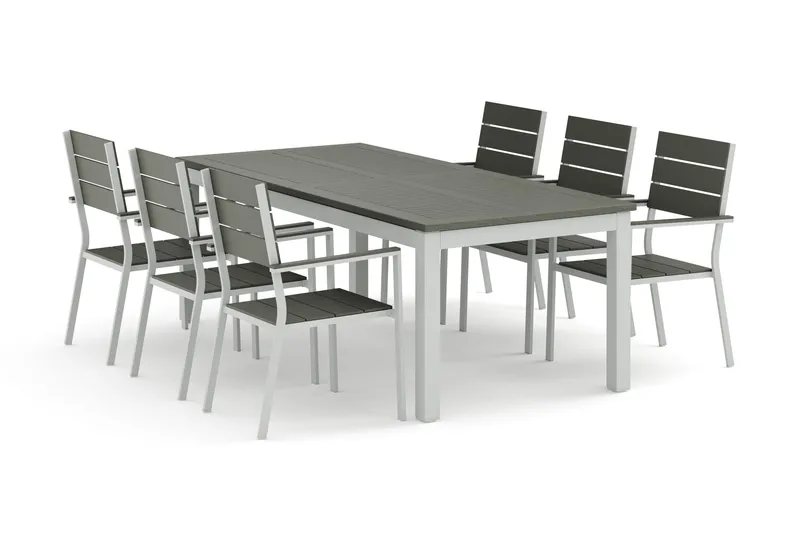 Monaco utomhus matgrupp förlängningsbart 210/310x90 med 6 Tunis stapelstolar - Vit/Grå - Utemöbler - Utegrupp - Matgrupp utomhus