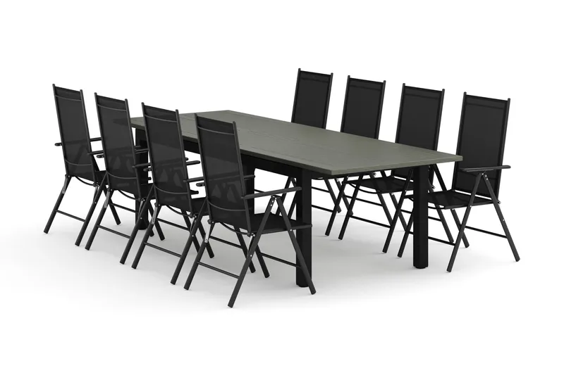 Monaco utomhus matgrupp förlängningsbart 210/310x90 med 8 Maggie positionsstolar, Svart/Grå