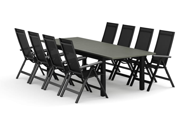 Monaco utomhus matgrupp förlängningsbart 210/310x90 med 8 Monaco Light positionsstolar, Svart/Grå