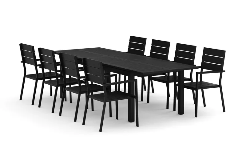 Monaco utomhus matgrupp förlängningsbart 210/310x90 med 8 Tunis stapelstolar - Svart/Grå - Utemöbler - Utegrupp - Matgrupp utomhus