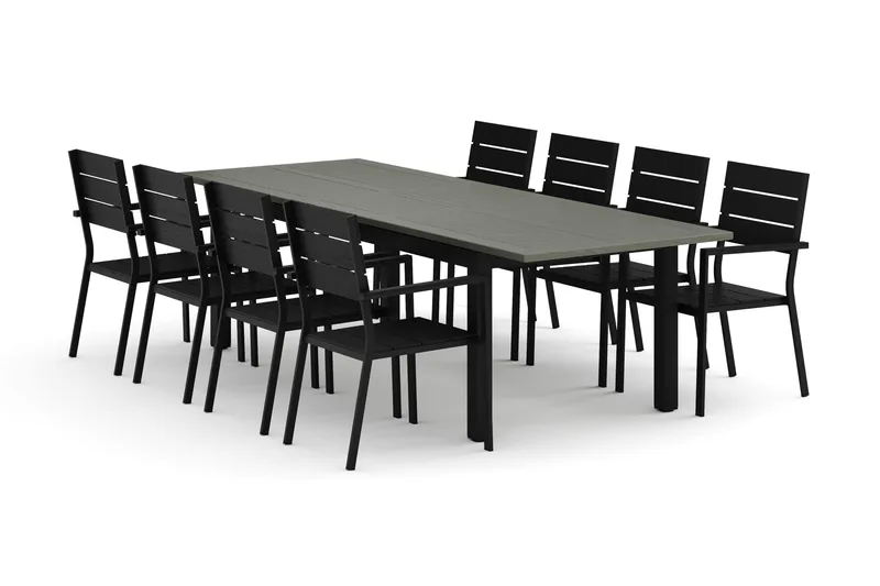 Monaco utomhus matgrupp förlängningsbart 210/310x90 med 8 Tunis stapelstolar, Svart/Grå