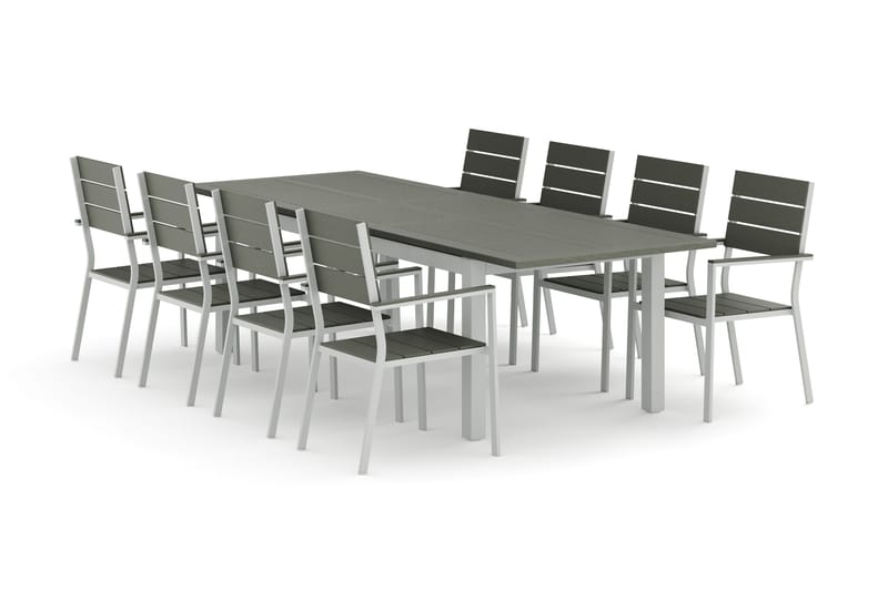 Monaco utomhus matgrupp förlängningsbart 210/310x90 med 8 Tunis stapelstolar, Vit/Grå