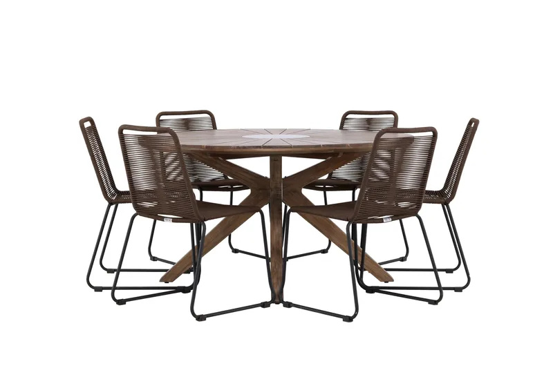 Rosario Matgrupp Rund 140 cm + 6 st Lindos Matstolar Brun, undefined