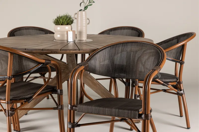 Rosario Matgrupp Rund 140 cm + 6 st Vila Matstolar Svart/Brun - Utemöbler - Utegrupp - Matgrupp utomhus