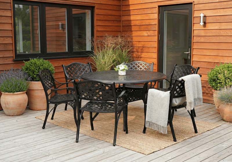 Rund matgrupp i aluminium för utomhusbruk | Ø130 cm | 6 stolar | Svart - Utemöbler - Utegrupp - Matgrupp utomhus