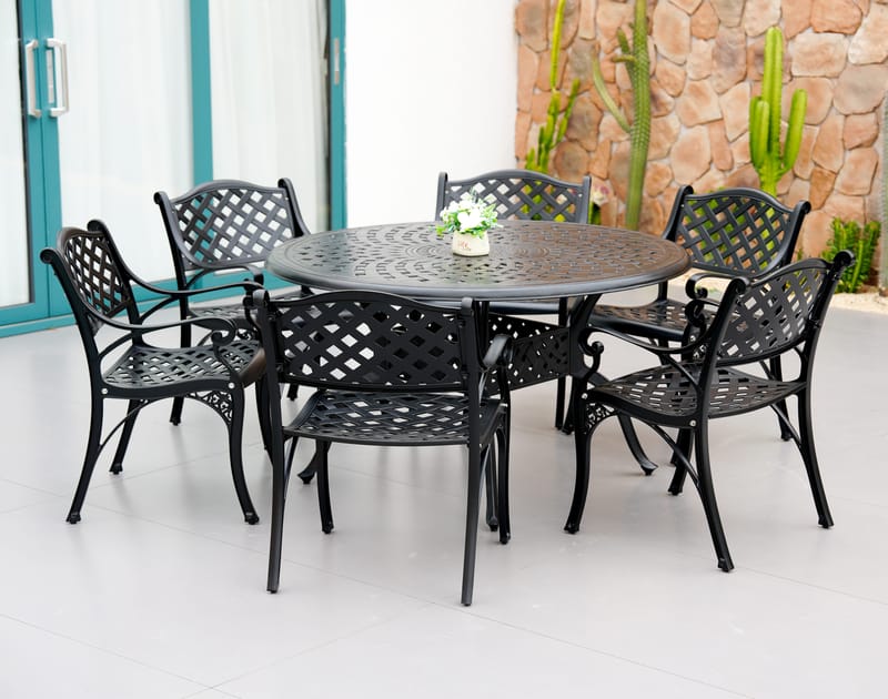 Rund matgrupp i aluminium för utomhusbruk | Ø130 cm | 6 stolar | Svart, undefined