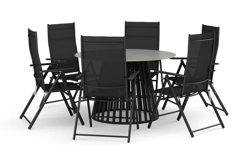 Sensi utomhus matgrupp 120 cm med 6 positionsstolar, Svart