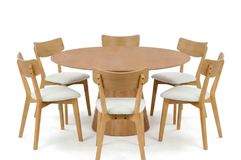 Siena Matgrupp 150 cm runt i Ek med 6 Amelia Matstolar med Dyna - Ek/Beige - Utemöbler - Utegrupp - Matgrupp utomhus