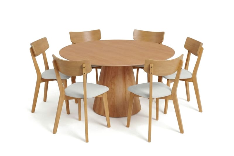 Siena Matgrupp 150 cm runt i Ek med 6 Amelia Matstolar med Dyna - Ek/Beige - Utemöbler - Utegrupp - Matgrupp utomhus