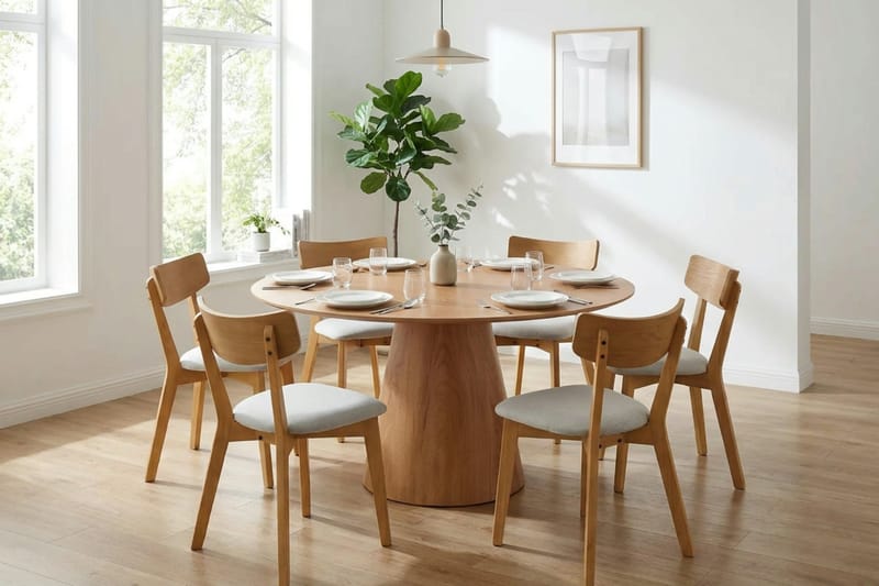 Siena Matgrupp 150 cm runt i Ek med 6 Amelia Matstolar med Dyna - Ek/Beige - Utemöbler - Utegrupp - Matgrupp utomhus