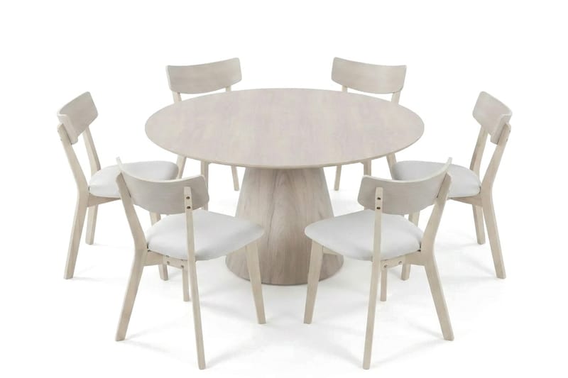 Siena Matgrupp 150 cm runt Vitlaserad med 6 Amelia Matstolar med Dyna - Vitlaserad/Beige - Utemöbler - Utegrupp - Matgrupp utomhus