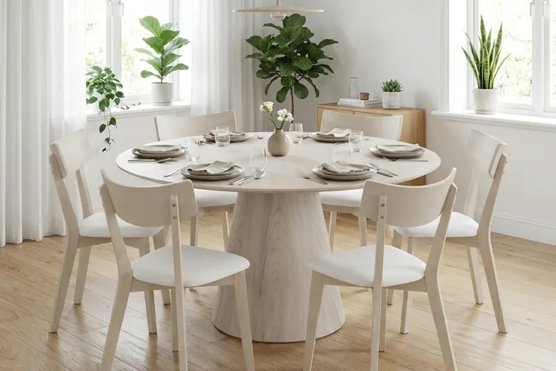 Siena Matgrupp 150 cm runt Vitlaserad med 6 Amelia Matstolar med Dyna - Vitlaserad/Beige - Utemöbler - Utegrupp - Matgrupp utomhus