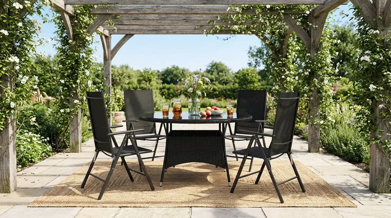 Thor utomhus rund matgrupp 140 cm med 4 Maggie positionsstolar - Svart - Utemöbler - Utegrupp - Matgrupp utomhus