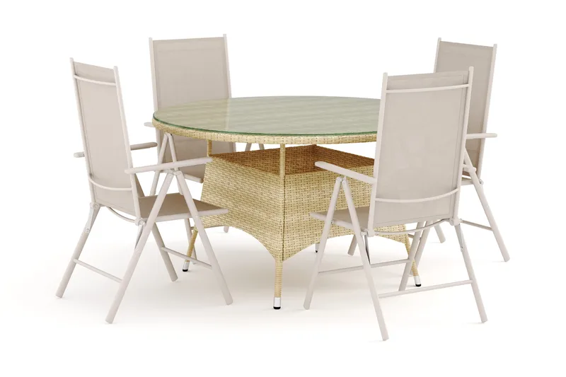 Thor utomhus rund matgrupp 140 cm med 4 Maggie positionsstolar, Beige