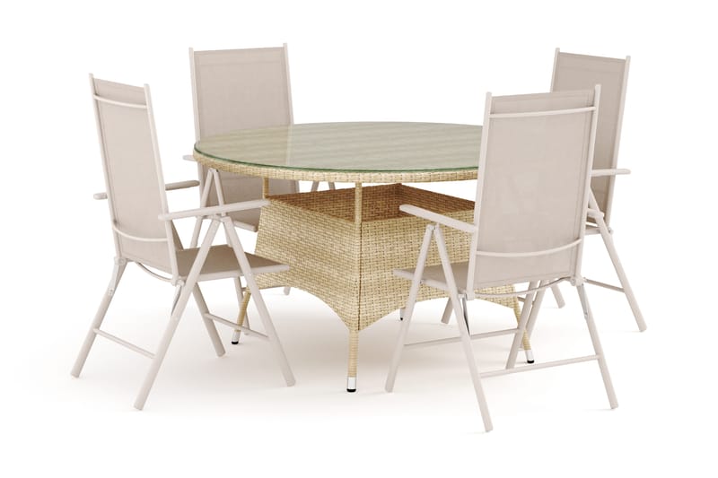 Thor utomhus rund matgrupp 140 cm med 4 Maggie positionsstolar, Beige
