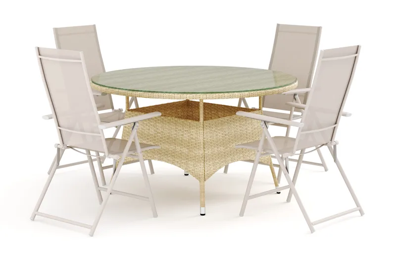 Thor utomhus rund matgrupp 140 cm med 4 Sanna positionsstolar - Beige - Utemöbler - Utegrupp - Matgrupp utomhus