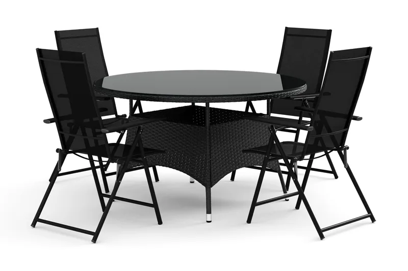 Thor utomhus rund matgrupp 140 cm med 4 Sanna positionsstolar, Svart