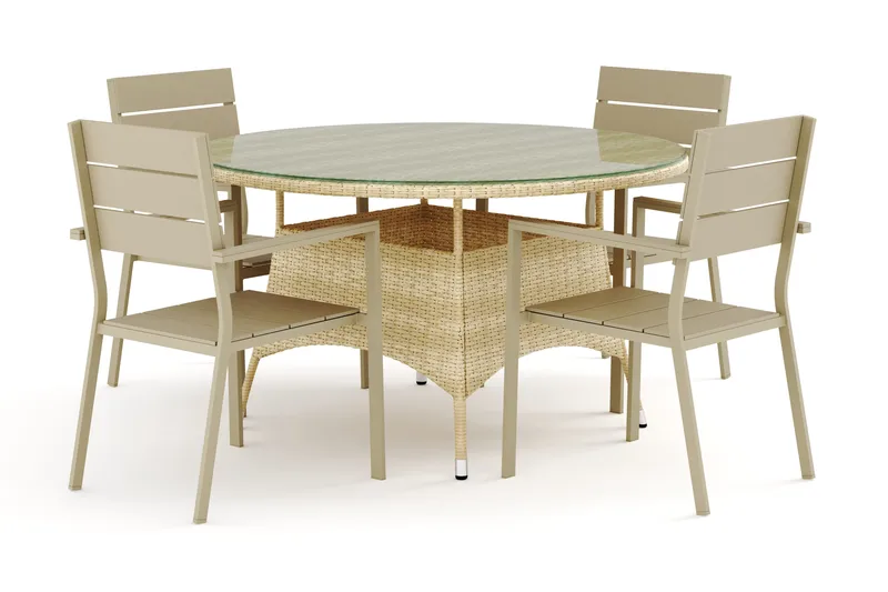 Thor utomhus rund matgrupp 140 cm med 4 Tunis stapelstolar, Beige