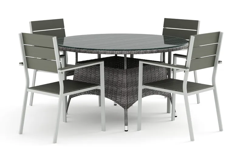 Thor utomhus rund matgrupp 140 cm med 4 Tunis stapelstolar - Grå - Utemöbler - Utegrupp - Matgrupp utomhus