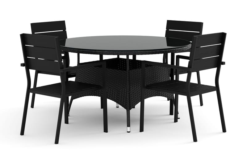 Thor utomhus rund matgrupp 140 cm med 4 Tunis stapelstolar - Svart - Utemöbler - Utegrupp - Matgrupp utomhus