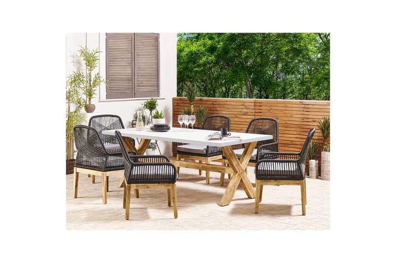 Trädgårdsmöbelset Olbia 6-sits Krämvit/svart/ljust trä - Krämvit/svart/ljust trä - Utemöbler - Utegrupp - Matgrupp utomhus