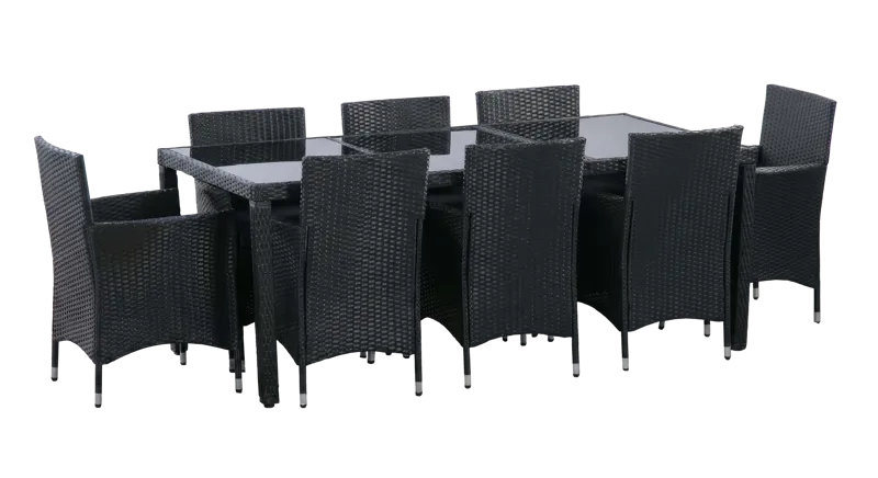 Trädgårdsmatgrupp 8 stolar – Svart bord med glasskiva | Lysekil - Utemöbler - Utegrupp - Matgrupp utomhus
