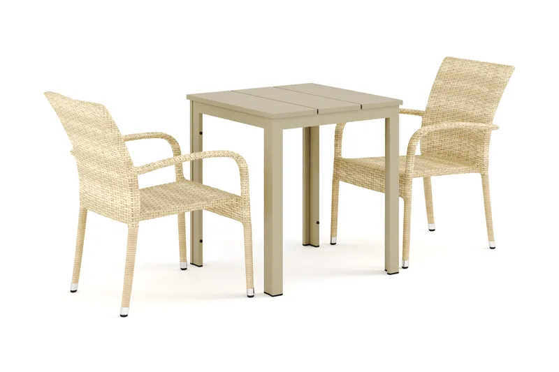 Tunis utomhus caféset 70x70 cm med 2 Thor Light utefåtöljer, Beige/Beige